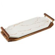 блюдо для сервировки с деревянными ручками на подставке коллекция золотой мрамор цвет: white 37,5*