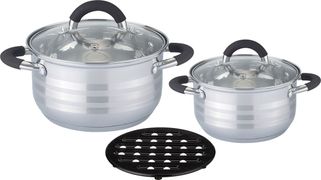 Набор кастрюль+подставка, 5пр. agness, 1,9/3,9 л, нерж. сталь, стекл. крышка, силикон.ручка (кор=6на