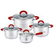 Набор кастрюль agness, 8пр. 1,9/2,9/3,9/7,0 л, нерж.сталь со стекл. крышками, силикон. ручки (кор=2н