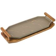 блюдо для сервировки с деревянными ручками на подставке коллекция золотой мрамор цвет: gray 32,5*1