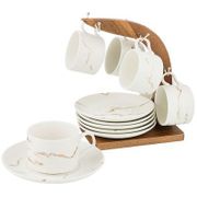 набор чашек с блюдцами на деревянной подставке коллекция золотой мрамор цвет: white 150 мл