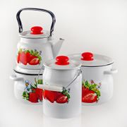 Набор 12 белый "Клубника садовая" кастрюли 4л 5,5л бидон 3л чайник 2,3л СТАЛЬЭМАЛЬ - N12B59