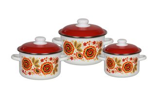 Набор из 3 предметов №02 "Хохлома", белоснежная, СТАЛЬЭМАЛЬ - 6KB021M