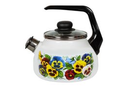 Чайник эмалированный сферический со свистком 2л "Анютины глазки", белоснежный, СТАЛЬЭМАЛЬ - 4с210я
